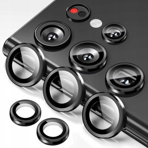 Samsung Galaxy S24 Ultra, Szkło hartowane na aparat, aluminiowa czarna ramka