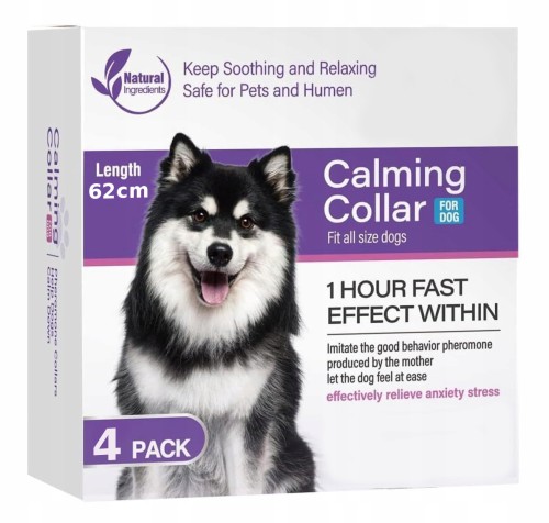 Obroża uspokajająca dla psa feromonowa 62 cm zestaw 4 sztuki Koanni opakowanie produktu calming collar