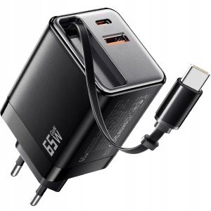 Szybka ładowarka sieciowa 65W PD z wbudowanym zwijanym kablem USB
