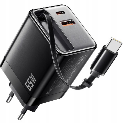 Ładowarka sieciowa 65W PD z wbudowanym kablem USB-C Koanni czarna GaN