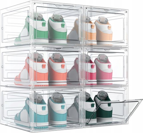 6x organizer na buty modułowy premium transparentny – zestaw pojemników do przechowywania obuwia z otwieranym frontem, możliwość sztaplowania i estetycznej organizacji przestrzeni.