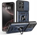 Granatowe etui pancerne do Motorola Moto G15 / Moto G15 Power z metalowym pierścieniem i wzmocnioną konstrukcją.