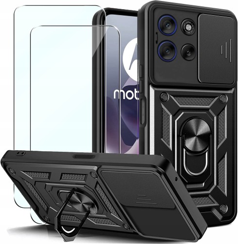 Etui pancerne Slide Ring do Motorola Moto G56 5G – czarne etui z osłoną aparatu i obrotowym ringiem.