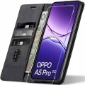 Czarne etui portfelowe do Oppo A5 Pro 5G wykonane z ekologicznej skóry. Pokrowiec posiada magnetyczne zamknięcie, kieszenie na karty płatnicze i banknoty oraz zestaw ze szkłem hartowanym chroniącym ekran telefonu.