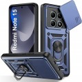 Granatowe etui pancerne Slide CamShield do Xiaomi Redmi Note 15 4G / 5G z ringiem i osłoną aparatu