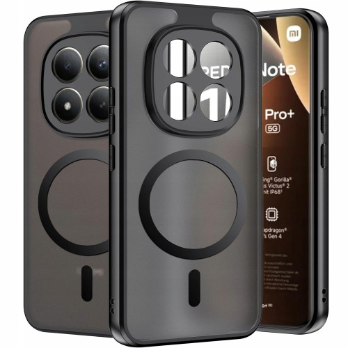 Matowe przezroczyste etui MagSafe do Xiaomi Redmi Note 15 Pro Plus 5G z czarną ramką i ochroną aparatu.